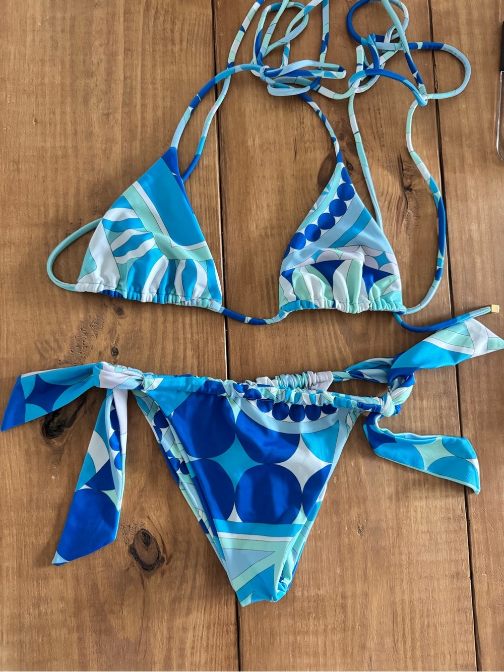Girls Blue Geometric Tie-Side Bikini